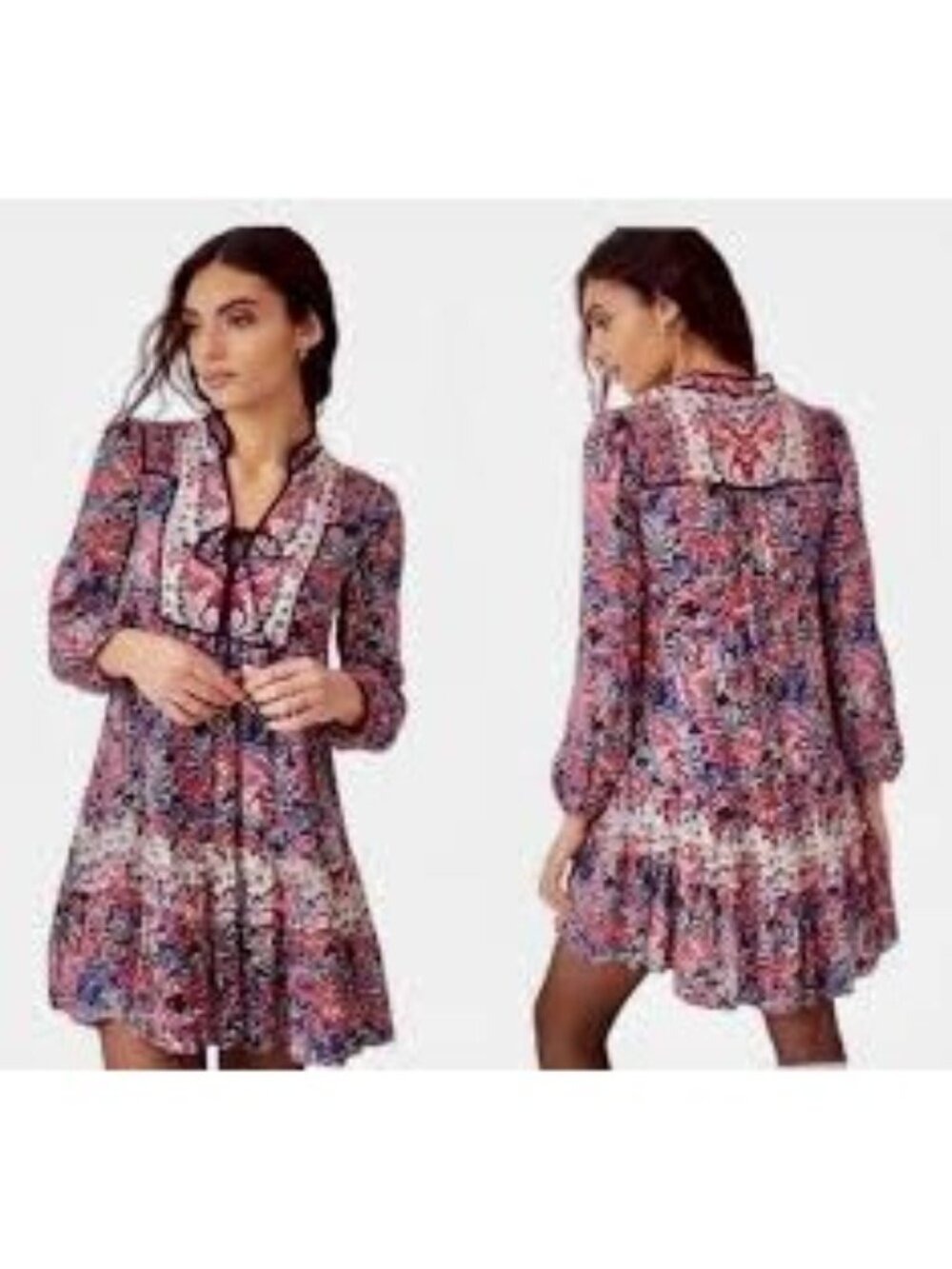 Anthropologie Spliced Tunic Dress Red & Blue Paisley Long Sleeve XS